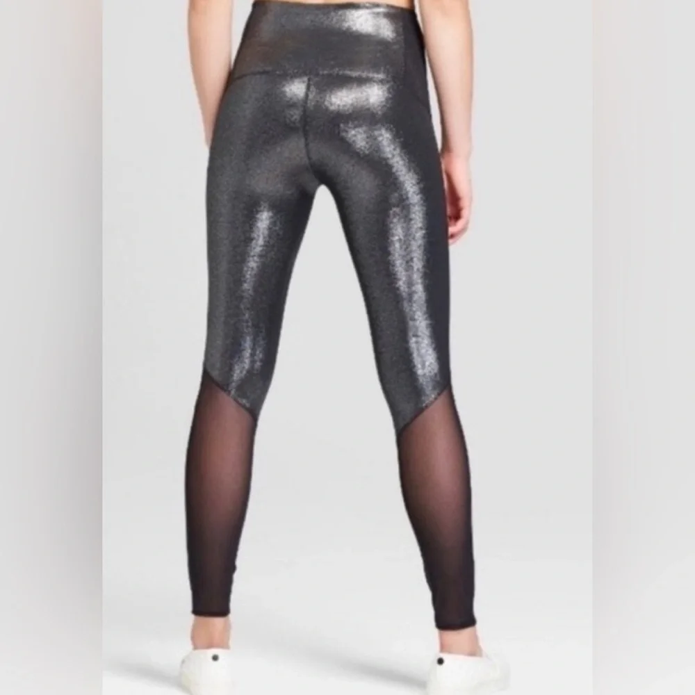 JoyLab Silver Metallic Mesh Shine Disco Leggings Tights Womens Medium - Picture 4 of 8